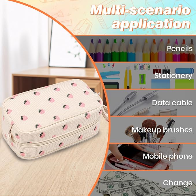 Big Capacity Pencil case,Soft Corduroy Pencil Bag with 3 Compartment,Pencil Pouch School Supplies Cute Pencil Box Pencil Bag for Teen Girls Boys College (Pink Strawberry)