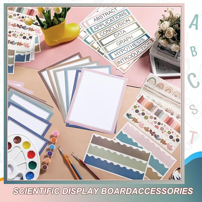 Fuyoooo 90 Pcs Science Fair Board Supplies 60 Trim Scalloped Bulletin Board Borders 24 Presentation Board Subtitles 6 Science Fair Titles for Classroom Display Boards(Boho)