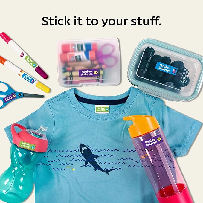 Kids Personalized Name Labels for School, Camp, Daycare (128 Labels) Custom Peel and Stick Waterproof Name Tags Stickers for Water Bottles, Lunch Boxes, Clothing, School Supplies (Monster)