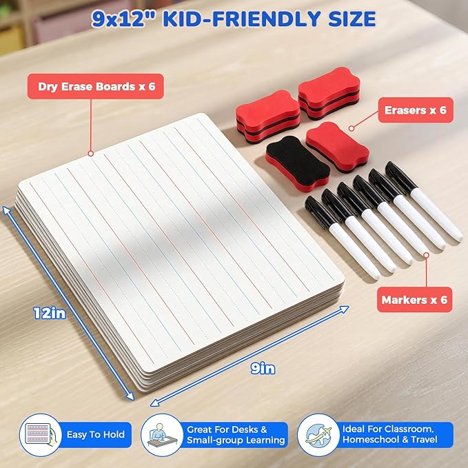 GAMENOTE 6 Pack Small Dry Erase Boards for Kids, 9x12 Double-Sided Lined and Blank Whiteboards with Markers & Erasers, for Classroom and Homeschool Writing Board