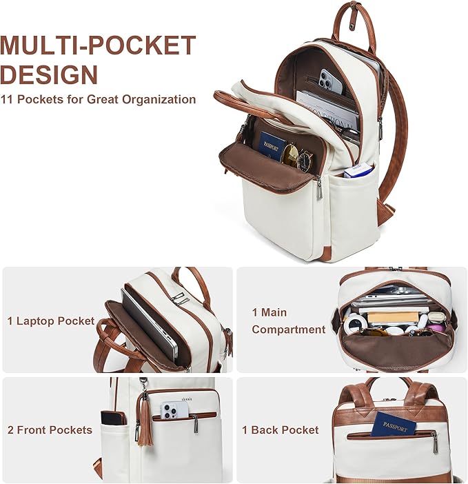 Shrrie Laptop Backpack for Women 15.6 inch Travel Leather Backpack Purse Work Computer Backpacks for Business College Beige
