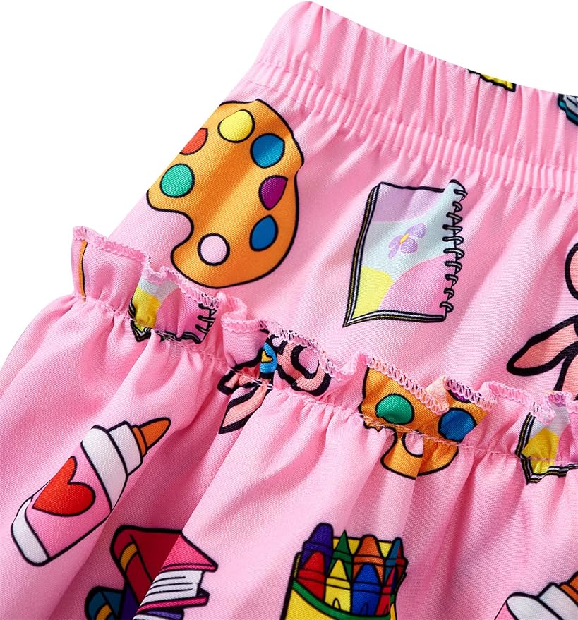 Little Girls Skirt Set - 2 Piece Short Sleeve Top Shirred Tiered Skirt Outfit Girls Spring Summer Clothes 3-8 Years