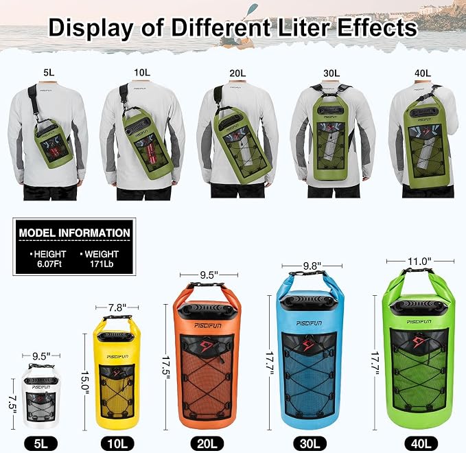 Piscifun Dry Bag, Waterproof Floating Backpack 10L/20L/30L/40L | Waterproof Phone Case, Adjustable shoulder straps, Roll-top closure keeps gear dry, Ideal for Boating, Kayaking, Fishing