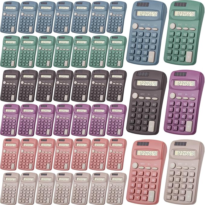 Tellegloww 48 Pcs Pocket Size Solar Calculators Bulk for Classroom Mini Basic Calculator Solar Battery Dual Power 8 Digit Display for Kids Student School Office Accounting Tool