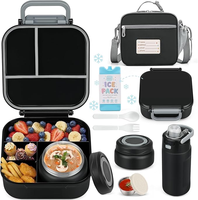 Bento Lunch Box for Kids with 7oz Soup Thermo,Insulated Stainless Steel Kids Water Bottle with Straw and Insulated Lunch Bag,Leak-Proof Lunch Food Container with Ice Pack for School (Black)