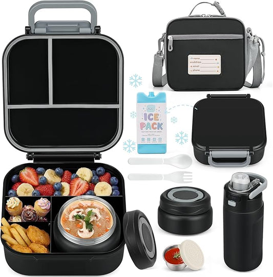 Bento Lunch Box for Kids with 7oz Soup Thermo,Insulated Stainless Steel Kids Water Bottle with Straw and Insulated Lunch Bag,Leak-Proof Lunch Food Container with Ice Pack for School (Black)
