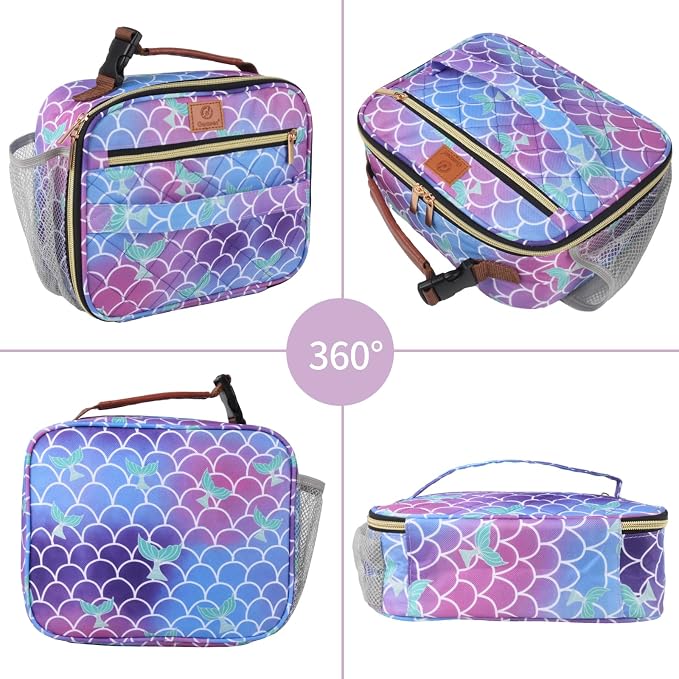 Genteen Lunch Box for Kids, Boys - Insulated Small LunchBox Reusable, Zip Closure & Buckle Handle, Portable Cooler for Work, School, Travel (Mermaid)