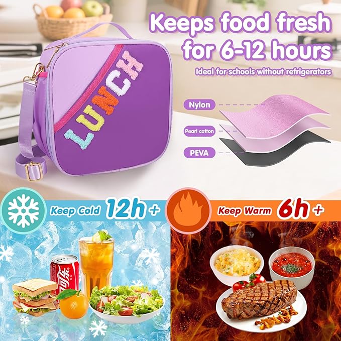 Nsrzua Lunch Bag Kids,Insulated Lunch Bag With Adjustable Shoulder Strap,Reusable Lunch Bag for Kids, Girls,Boys, lunch Bag Women,Preppy Lunch Box for School,Travel, Picnic (dark purple)