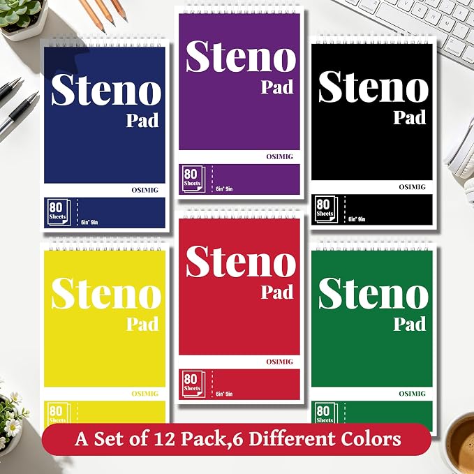 OSIMIG 12 Pack Spiral Steno Pads 6" x 9", Gregg Ruled Steno Pad, 80 Sheets