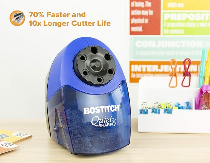 Bostitch Office QuietSharp Electric Pencil Sharpener, Heavy Duty Classroom or Office Use, Size Selector with 6 Different Sizes, Blue