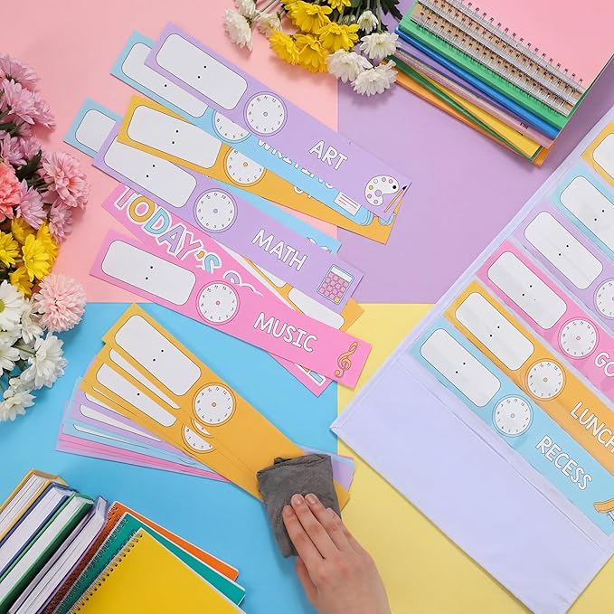 Pasimy Daily Schedule Pocket Chart for Classroom 15+1 Pockets with 31 Double Sided Reusable Cards 2 Magnetic Erasable Pens & Hangers Visual Schedule Chart School Office Home Decor (White,Pastel)