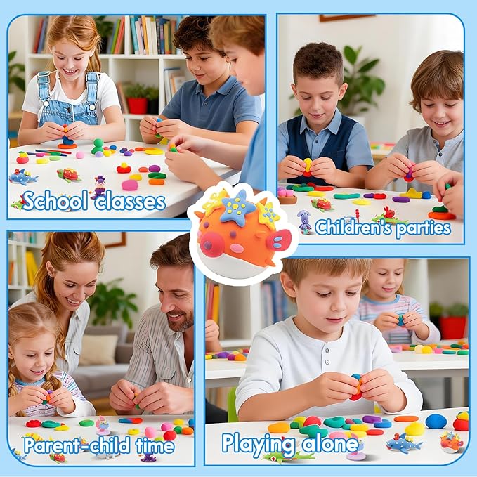 Ocean Buddies Air Dry Clay Kit for Kids - 12 Marine Animal Models with 4 Colors & Sculpting Tools, Ultra Light & Soft Modeling Clay Set, Non-Toxic DIY Arts and Crafts Gift for Boys & Girls Ages 3+