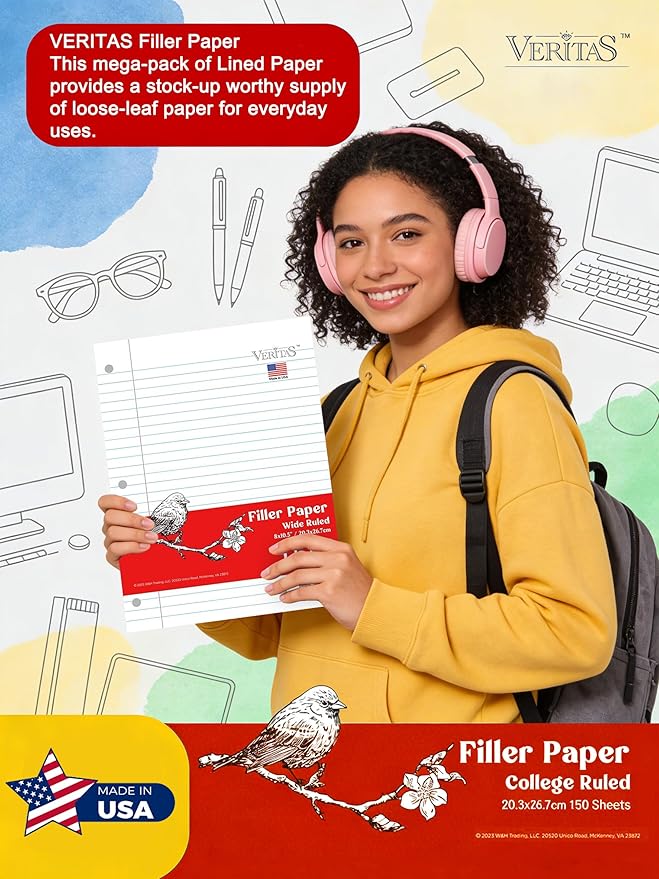 WritePads Wide Ruled Loose Leaf Paper 600 Sheets, 4 Pack Bulk Notebook Paper, 8"x10.5" 3 Hole Punched Binder Fitter Paper, Fits Standard 3-Ring Binders, Ink Bleed Resistant, Made in USA