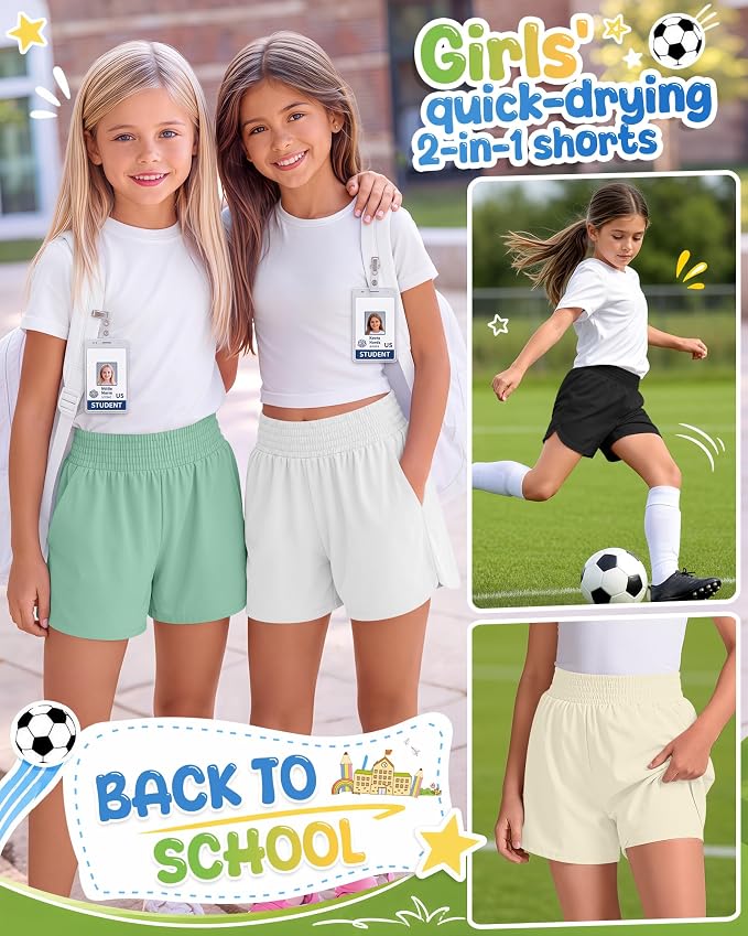 4 Pack Girls Athletic Shorts 2 in 1 Quick Dry High Waist Tween Shorts with Liner Kids Back to School Running Shorts