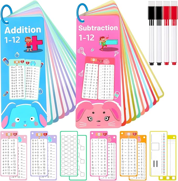 30Pcs Addition and Subtraction Flash Cards, Math Flash Card with 4 Dry Erase Pens 2 Rings, Time Table Flash Cards for 1st to 3rd Grades Fun Learning with Math Game