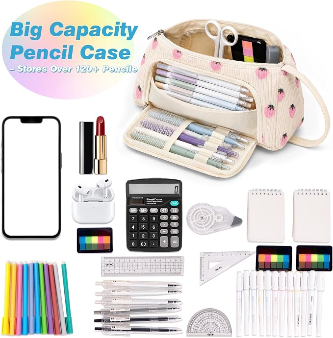 Big Capacity Pencil case,Soft Corduroy Pencil Bag with 3 Compartment Pouch Bag for School Supplies Office for Teen Girls Boys Women Man (Pink Strawberry)