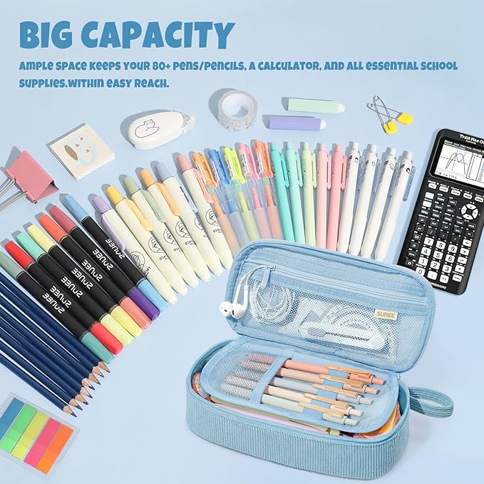 SUNEE Cute Pencil Case, Large Capacity Pencil Pouch Aesthetic Zipper Pencil Bag, Big Storage Pen Organizer for Stationery, Soft Corduroy Pencil Box Back to School Supplies for Teen Girls Boys, Blue