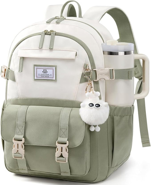 LOVEVOOK School Backpack for Teen Girls, Bookbag for 8-16 Student, Middle High College Back to School Cute Kids Backpack, 15.6 Inch, Green-beige