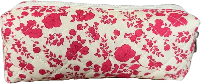 Cute Mini Quilted Makeup Bag for Women Travel Cosmetic Bags Lightweight Coquette Aesthetic Floral Toiletry Organizer Case (O-Red)