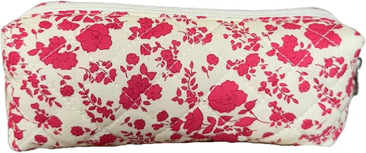 Cute Mini Quilted Makeup Bag for Women Travel Cosmetic Bags Lightweight Coquette Aesthetic Floral Toiletry Organizer Case (O-Red)