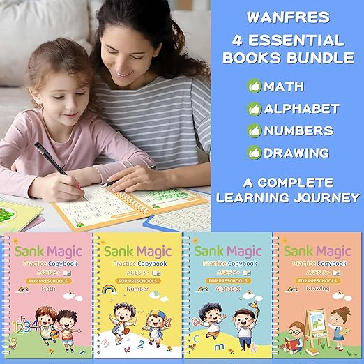 Magic Grooved Writing Practice|Grooved Handwriting Practice for Kids|Grooved Writing Books for Kids 3-5/3-10|4-in-1 Set with 2 Grips, 10 Disappearing Refills|Reusable ink Pen Control Training.