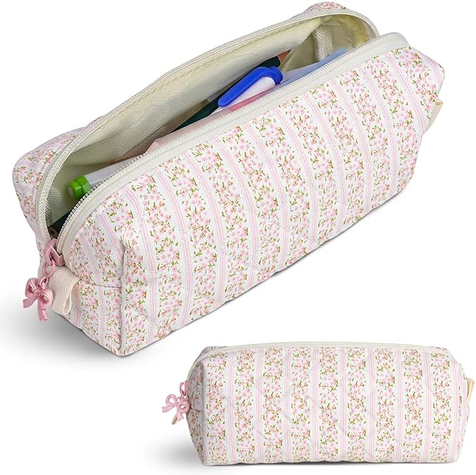 Cute Quilted Pencil Case for Girls Women, Aesthetic Small Floral Pencil Pouch,Slim Soft Pencil Bag for School Supplies Makeup Pouch for School & Daily Use (Floral Stripes)