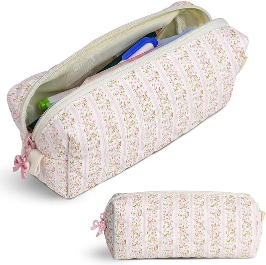 Cute Quilted Pencil Case for Girls Women, Aesthetic Small Floral Pencil Pouch,Slim Soft Pencil Bag for School Supplies Makeup Pouch for School & Daily Use (Floral Stripes)