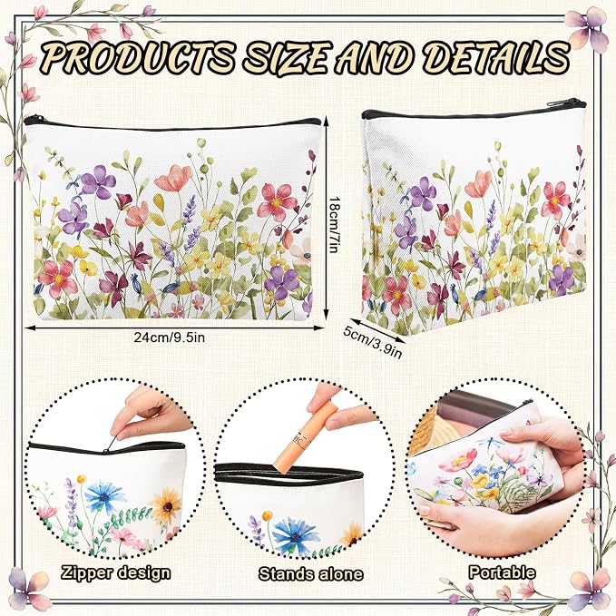 Reginary 12 Pcs Wildflower Makeup Bags Spring Summer Floral Cosmetic Bags with Zippers Flower Butterfly Pouch Bulk Appreciation Gifts for Women Teacher Wedding Birthday Travel Party Supplies