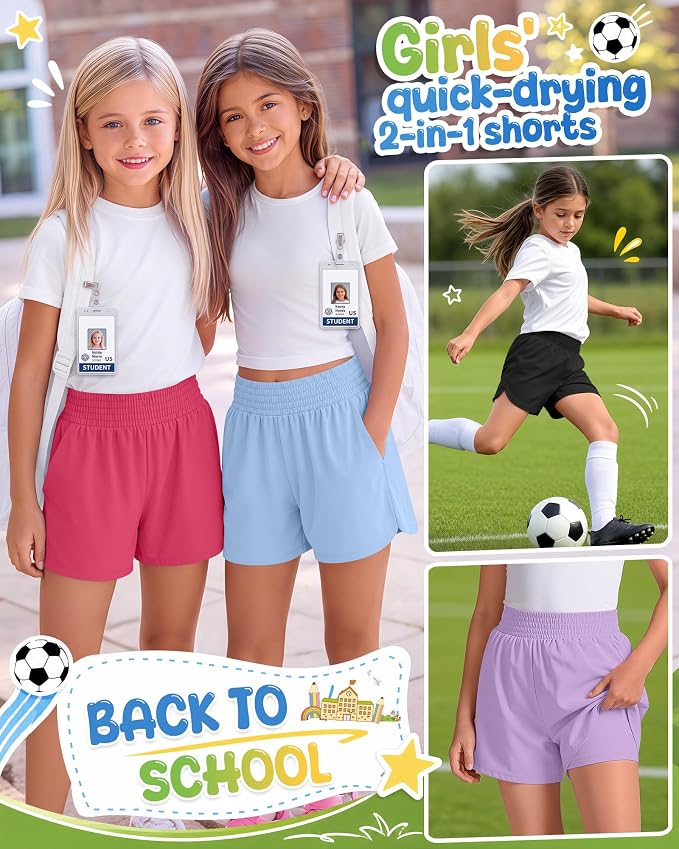 4 Pack Girls Athletic Shorts 2 in 1 Quick Dry High Waist Tween Shorts with Liner Kids Back to School Running Shorts