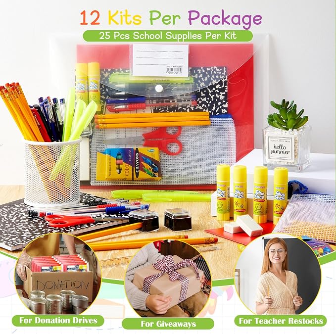 AmazingSpark 12 Sets Back to School Supplies Kit for Students Grade 7-12 Donation Kits Back to School Supplies Bundle Essentials Includes Folder Highlighters Crayons Notebooks Scissors and More