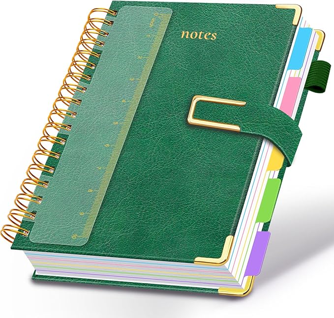 Hardcover Spiral Notebook College Ruled, 8.5"x11" Leather Journal Notebook with Magnetic Closure, 300 Pages 5 Subject Notebook with Dividers Tabs Journal for Women Men, Work, School(Green)