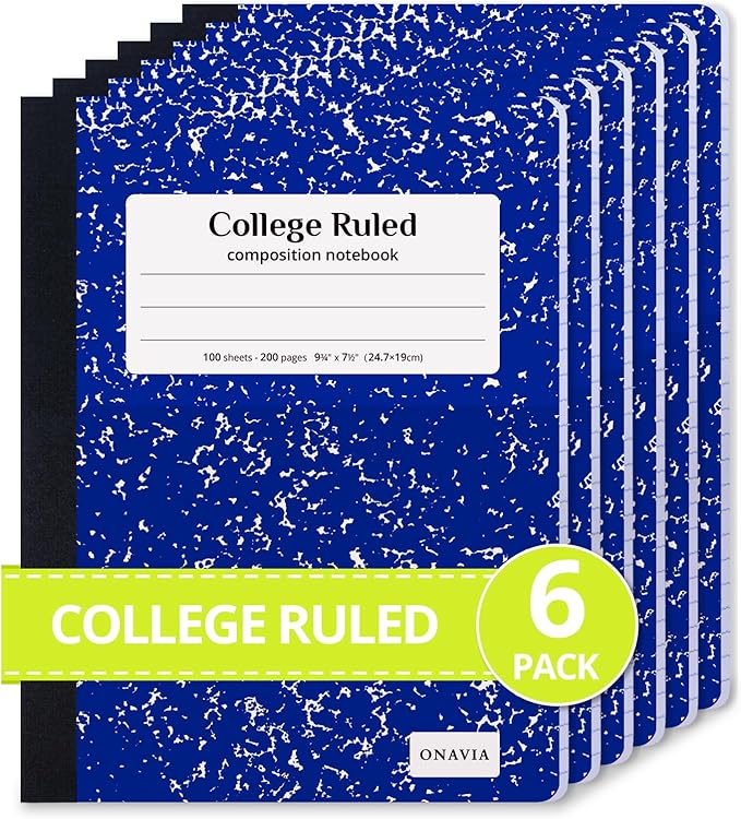 ONAVIA Composition Notebook College Ruled 6 Pack, 200 Pages (100 Sheets), 9-3/4 x 7-1/2, Marble Composition Books Bulk, Notebooks for School, Work, Office, Durable Comp Book, School Supplies, Blue
