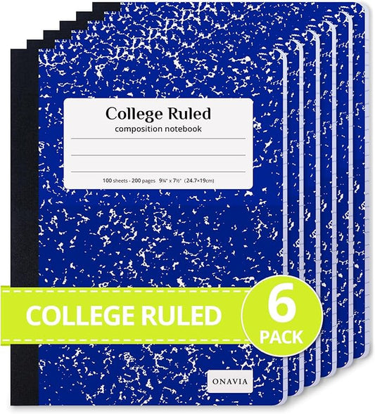 ONAVIA Composition Notebook College Ruled 6 Pack, 200 Pages (100 Sheets), 9-3/4 x 7-1/2, Marble Composition Books Bulk, Notebooks for School, Work, Office, Durable Comp Book, School Supplies, Blue