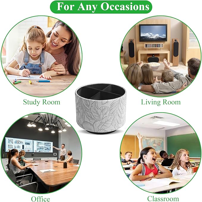 Round Leather Art Supply Organizer,Remote Control Holder,360 Degree Spinning,Multi-Functional Pencil Holder,4 Compartments Desktop Stationary Organizer(1-Carved Grey)