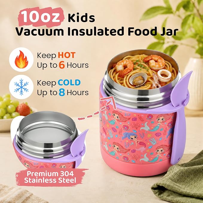 Pawtong 10oz Soup Thermo for Hot Food Kids Insulated Food Jar,Thermo Hot Food Lunch Container, Width Mouth Stainless Steel Lunch Box for Kids with Spoon (Pink-mermaid)