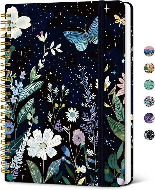 Taja Spiral Lined Journal for Women, Notebook for Work with Pretty Cover, 140 College Ruled Pages, Hardcover Notebook for Journaling, Note Taking, Bible Study, Celestial