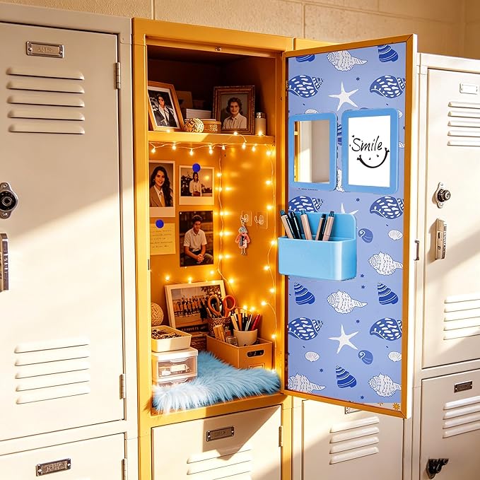Elfcool 13 Pcs Locker Accessories Kit, Locker Decorations for Girls Boys Magnetic Pen Holder, Mirror, Whiteboard, Wallpaper, Magnets, Plush Rug, String Light, Back to School Essentials (Blue)