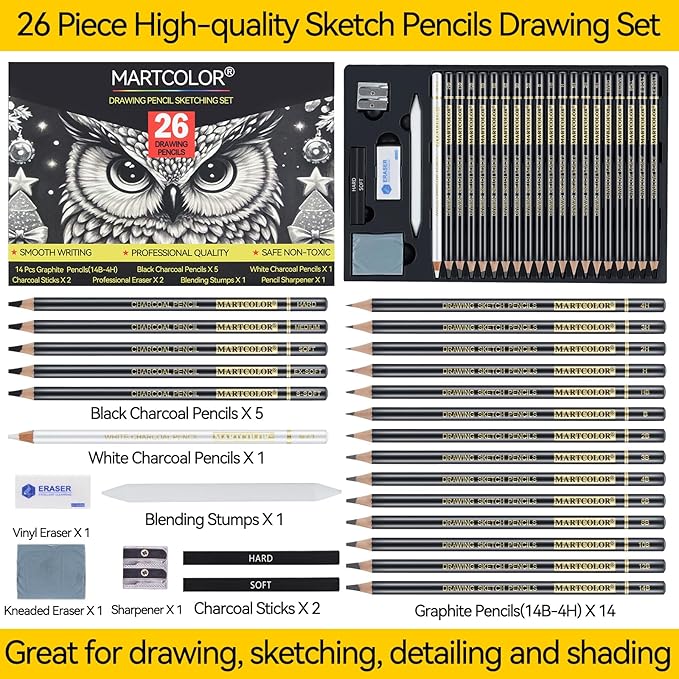 MARTCOLOR Drawing Sketching Pencil Set, 26 Pieces, Graphite Pencils (14B-4H), Charcoal Pencils, Charcoal Sticks, Blending Stump, Eraser, Sharpeners, Artist Pencils for Beginners & Pro Artists