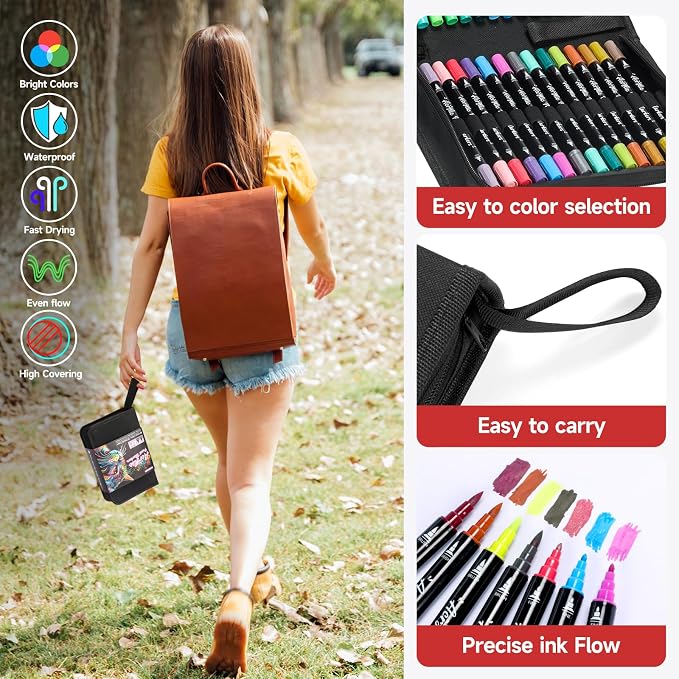 Acrylic Paint Markers,120 Colors Dual Tip Acrylic Paint Pens with Brush and Fine Tips for Rock Painting,Glass,Wood,Ceramic,Canvas,Stone, Vibrant Color Ideal for Artists, Crafters, DIY Projects