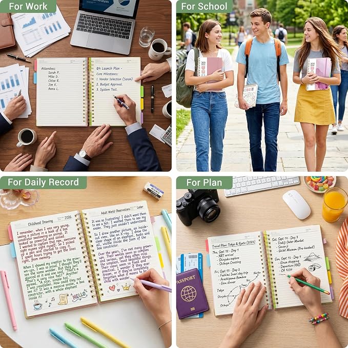 Hardcover Spiral Journal Notebook, 300 Pages 5 Subject Notebook College Ruled with Removable Dividers Tabs, 8" x 10" Notebooks for Work, Spiral Ruled Lined Writing Journal Hardcover Leather Notebook for School (Matcha Green, 8''x 10'')