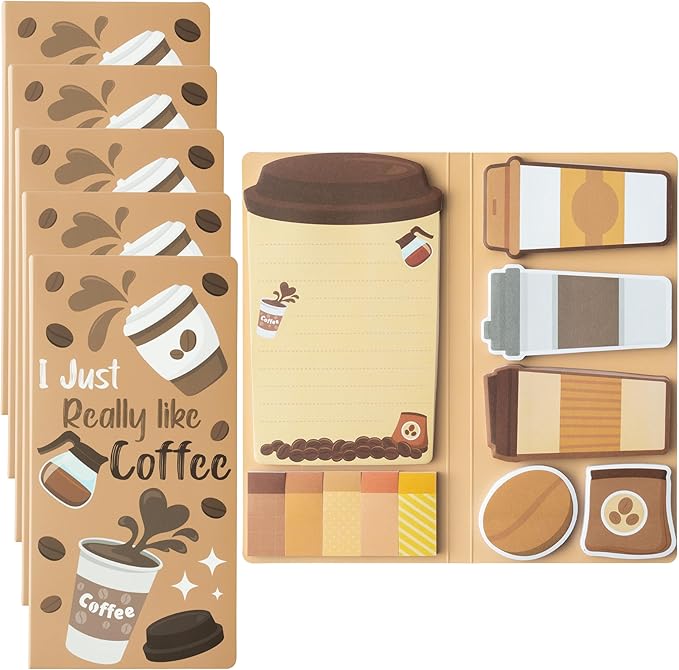 B1ykin Coffee Cup Sticky Notes Set - I Just Really Like Coffee Self-Stick Notes Pad, 550 Sheets Writing Memo Pages Sticky Notepad for Teacher Appreciation Gifts, School Office Party Favors (5Pcs)