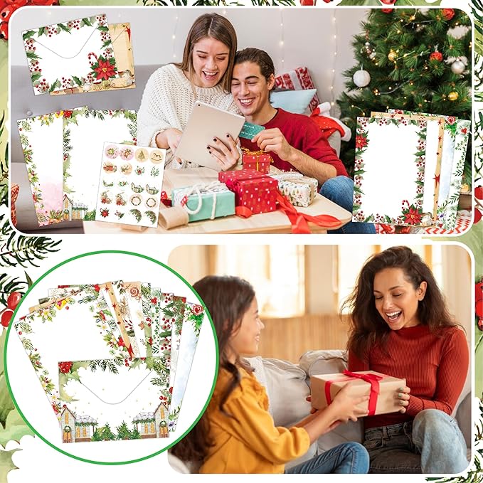 160 PCS Christmas Stationery Set with Envelopes and Stickers, 50 Writing Papers 50 Matching Envelopes 60 Seal Stickers, Holiday Letter Writing Set for Xmas Greeting Cards Invitations Party