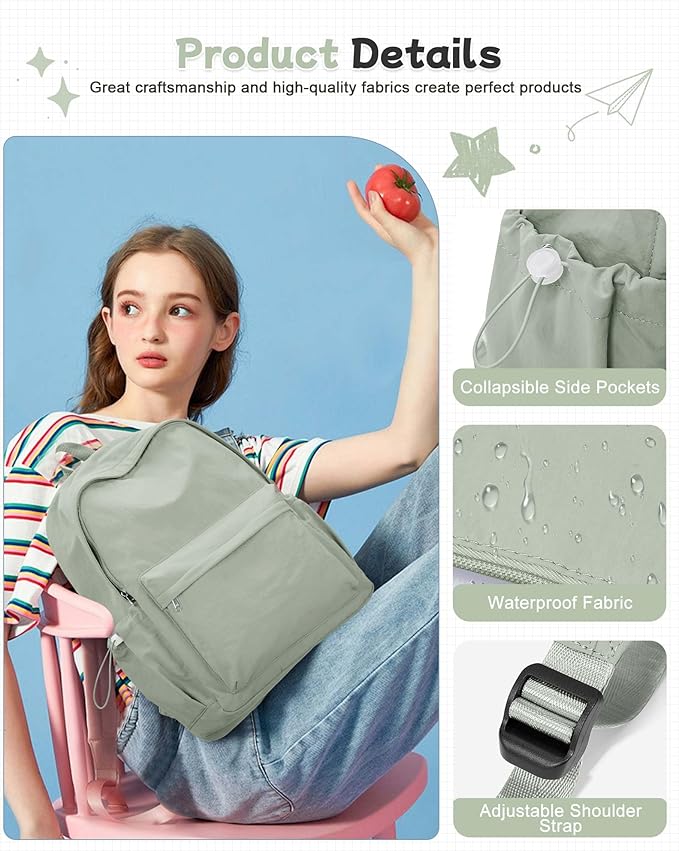 BJLFS Green Cute School Backpack with Laptop Compartment Small Travel Laptop Backpack for Women Men Waterproof College Backpack Simple School Bag for Teens Girls Boys