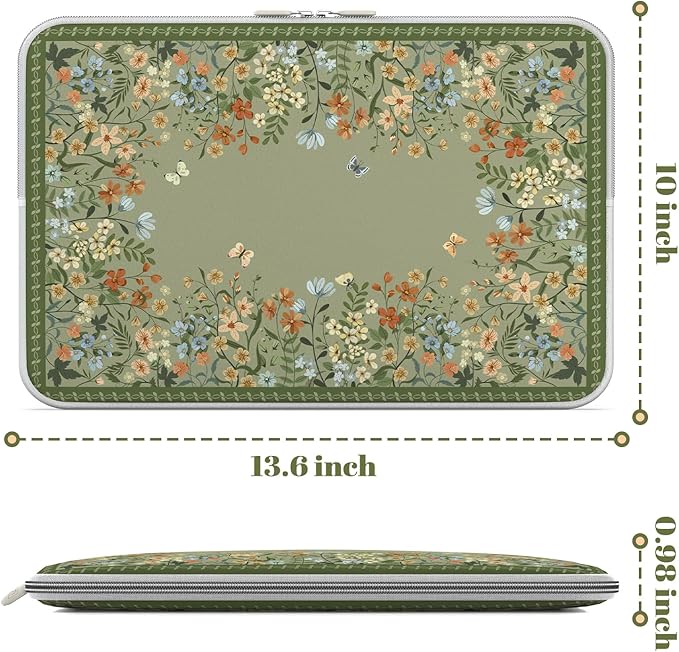 iCasso Computer Sleeve 13 inch,Stylish Girly Laptop Bag Green,13-13.6 inch Waterproof Laptop Sleeve Compatible with MacBook Neo/Air/Pro 13-14 Sleeve, HP Dell ASUS Lenovo Chromebook Notebook, Flowers