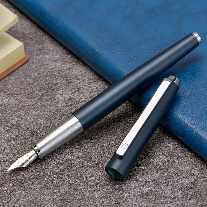 HongDian 525 Blue Metal Fountain Pen Bent Nib, Calligraphy Fude Pen 0.6mm with Converter and Metal Box Set