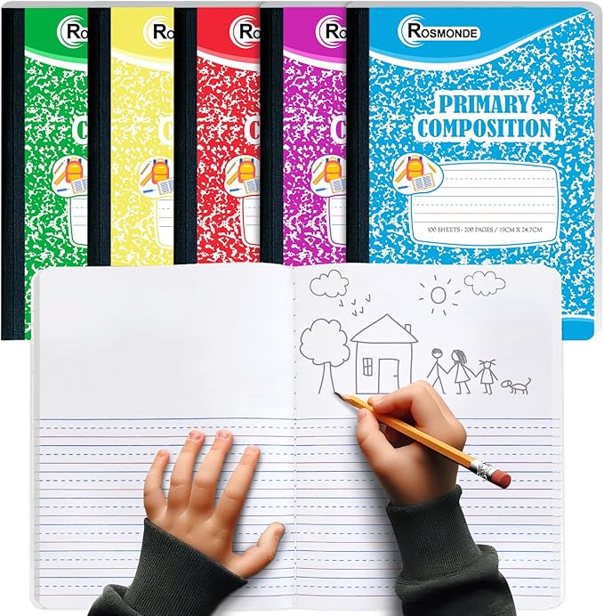 Rosmonde 5 Pack Primary Composition Notebook, 200 Pages (100 Sheets), Drawing Story Journal Writing Notebook, 9-3/4 x 7-1/2, Primary Composition Notebooks, Grades K-2, With Header For Drawing
