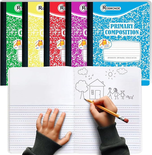Rosmonde 5 Pack Primary Composition Notebook, 200 Pages (100 Sheets), Drawing Story Journal Writing Notebook, 9-3/4 x 7-1/2, Primary Composition Notebooks, Grades K-2, With Header For Drawing