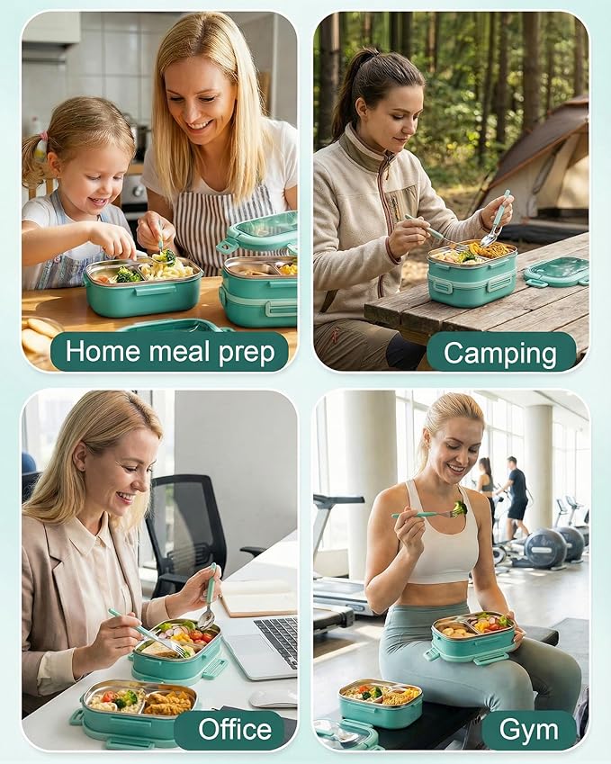 Lille Home Stackable Lunch Box, 2 Tier Stainless Steel Bento Lunch Box, 56oz Large Capacity Leakproof Lunch Containers, 4-Compartment Lunch Box with Utensils for Meal Prep, Work, Picnic(Green)