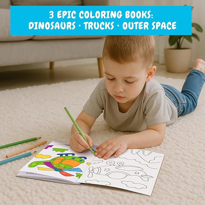 ZICOTO Fun Coloring Books for Kids Set of 3 – Exciting Dinosaur, Space & Trucks Coloring Book for Boys Ages 4–8 – Easy to Color Gift for Your Creative Little One