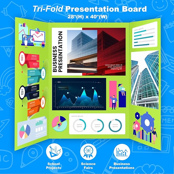 BAZIC Products Trifold Poster Board – Assorted Color Corrugated Cardboard Display Board for School Projects, Science Fairs, Photos, Charts, and Classroom Presentations, 36" X 48", 24-Pack